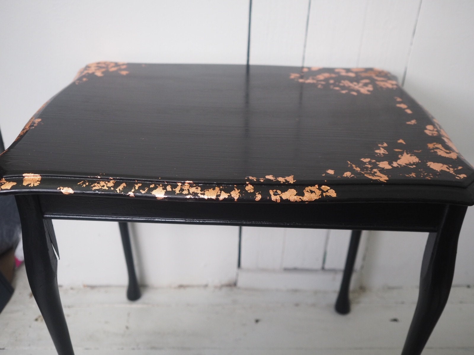 Black Side Table Hand-finished with Copper Leaf